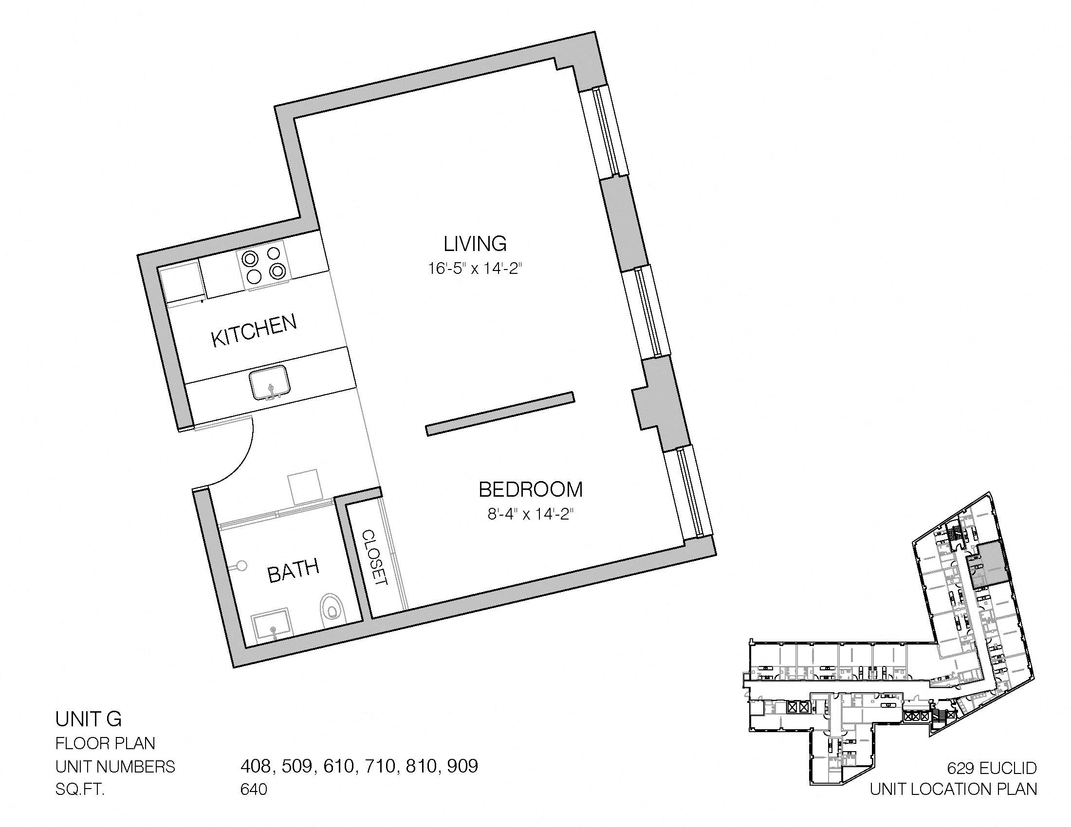 Floor plan for studio, 1 bath, 640 sqft